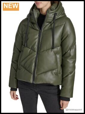 Faux Leather Super Puffer Jacket Hooded Zip Warm Winter Coat